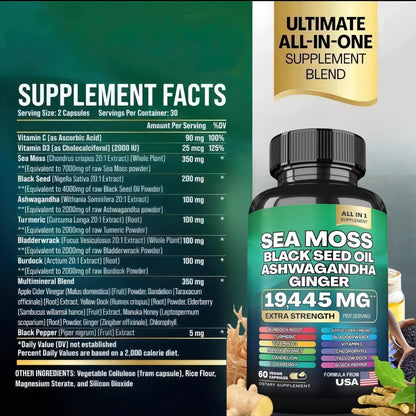 HealthyFinds Sea Moss Black Seed Oil Ashwagandha Ginger Capsules with Turmeric Bladderwrack Burdock & Vitamin C Vitamin D3 with Elderberry Manuka Dandelion Yellow Dock Iodine Chlorophyll ACV - dailyvitalstore