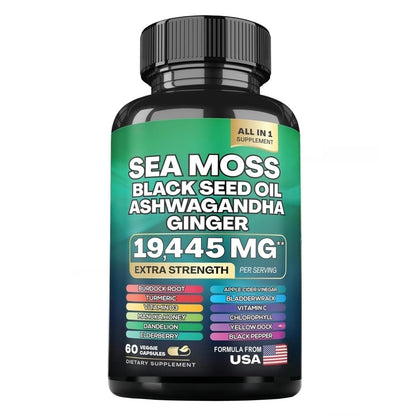 HealthyFinds Sea Moss Black Seed Oil Ashwagandha Ginger Capsules with Turmeric Bladderwrack Burdock & Vitamin C Vitamin D3 with Elderberry Manuka Dandelion Yellow Dock Iodine Chlorophyll ACV - dailyvitalstore