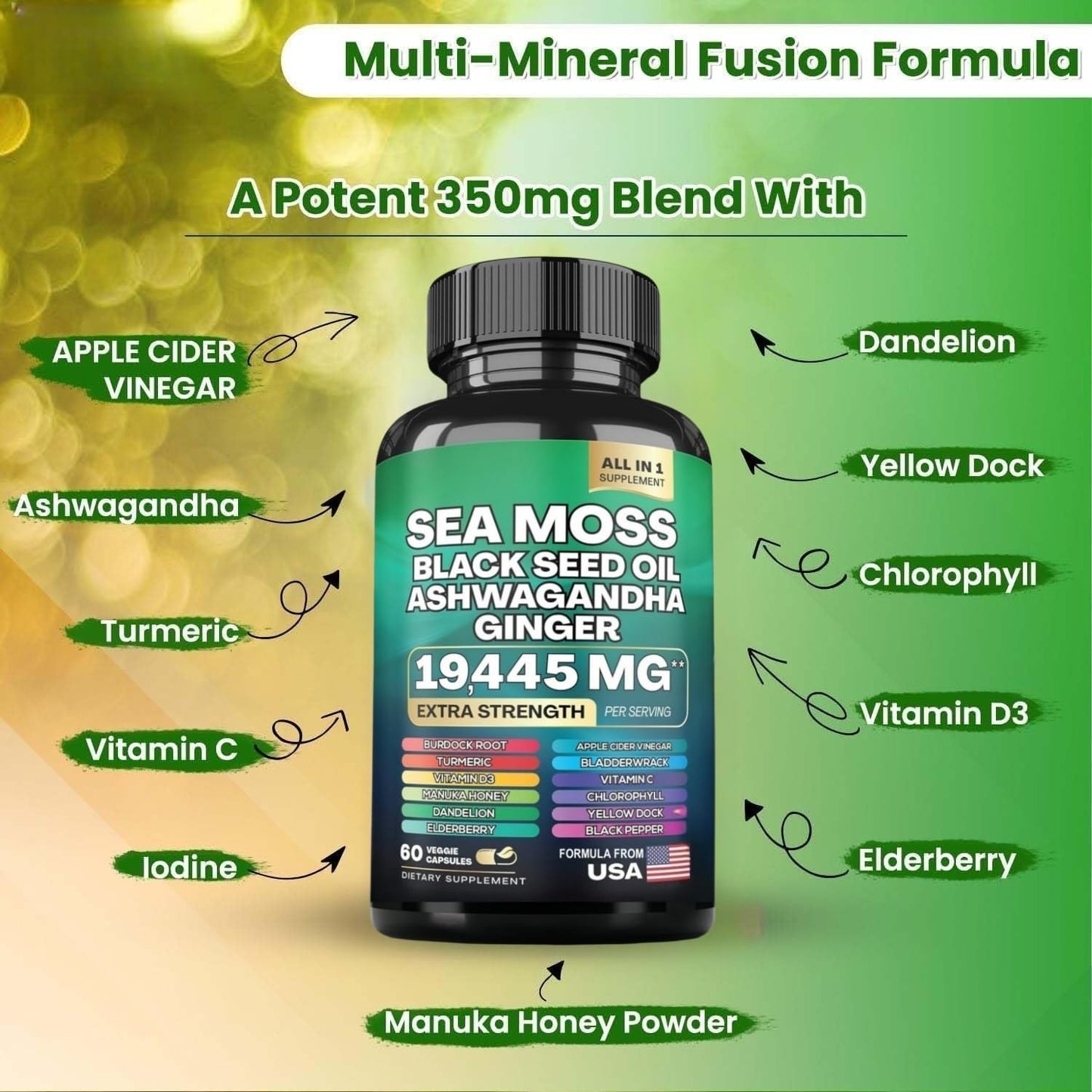 HealthyFinds Sea Moss Black Seed Oil Ashwagandha Ginger Capsules with Turmeric Bladderwrack Burdock & Vitamin C Vitamin D3 with Elderberry Manuka Dandelion Yellow Dock Iodine Chlorophyll ACV - dailyvitalstore