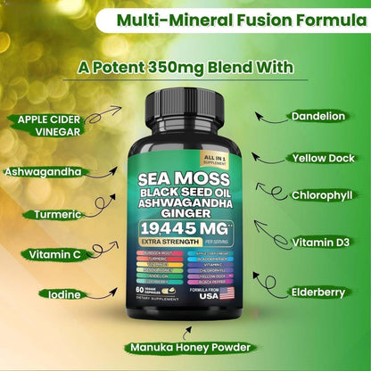 HealthyFinds Sea Moss Black Seed Oil Ashwagandha Ginger Capsules with Turmeric Bladderwrack Burdock & Vitamin C Vitamin D3 with Elderberry Manuka Dandelion Yellow Dock Iodine Chlorophyll ACV - dailyvitalstore