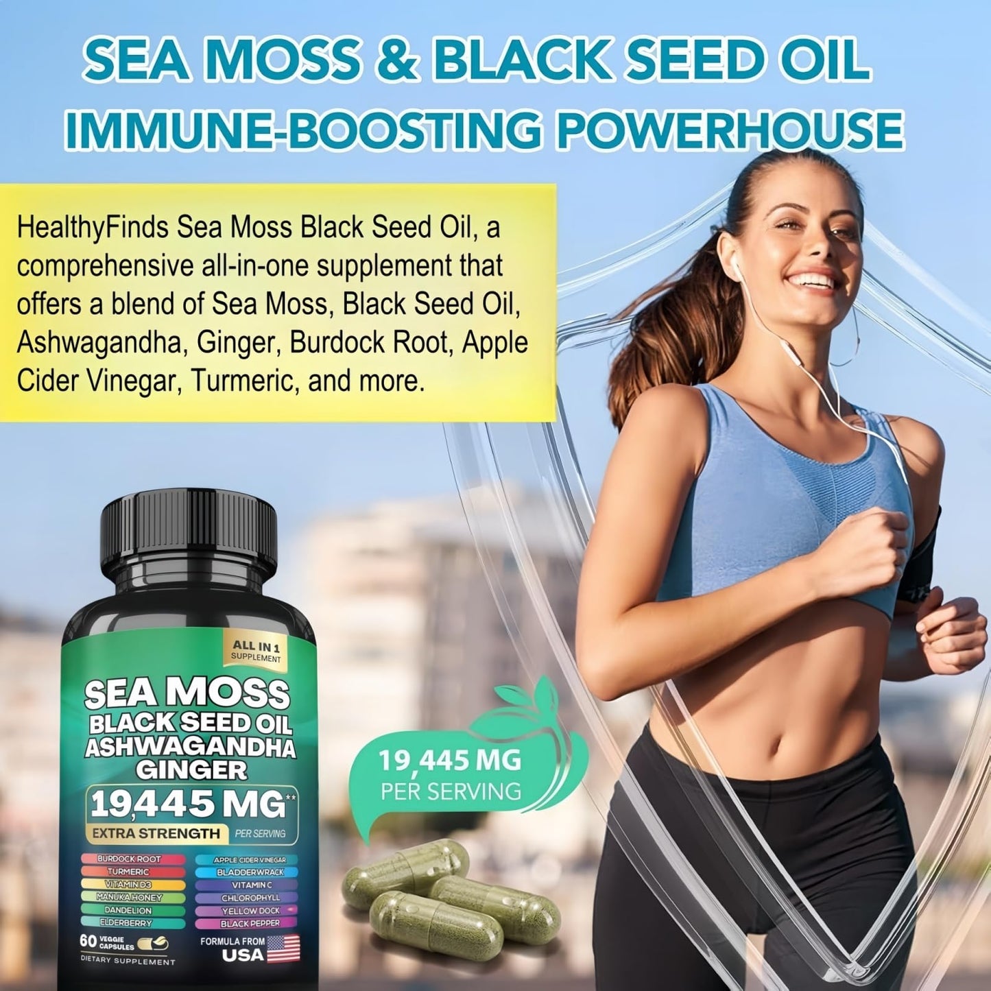 HealthyFinds Sea Moss Black Seed Oil Ashwagandha Ginger Capsules with Turmeric Bladderwrack Burdock & Vitamin C Vitamin D3 with Elderberry Manuka Dandelion Yellow Dock Iodine Chlorophyll ACV - dailyvitalstore