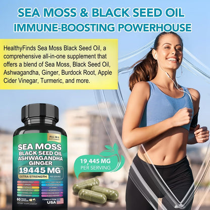 HealthyFinds Sea Moss Black Seed Oil Ashwagandha Ginger Capsules with Turmeric Bladderwrack Burdock & Vitamin C Vitamin D3 with Elderberry Manuka Dandelion Yellow Dock Iodine Chlorophyll ACV - dailyvitalstore