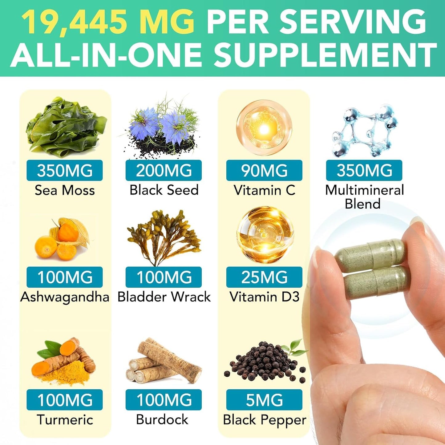 HealthyFinds Sea Moss Black Seed Oil Ashwagandha Ginger Capsules with Turmeric Bladderwrack Burdock & Vitamin C Vitamin D3 with Elderberry Manuka Dandelion Yellow Dock Iodine Chlorophyll ACV - dailyvitalstore