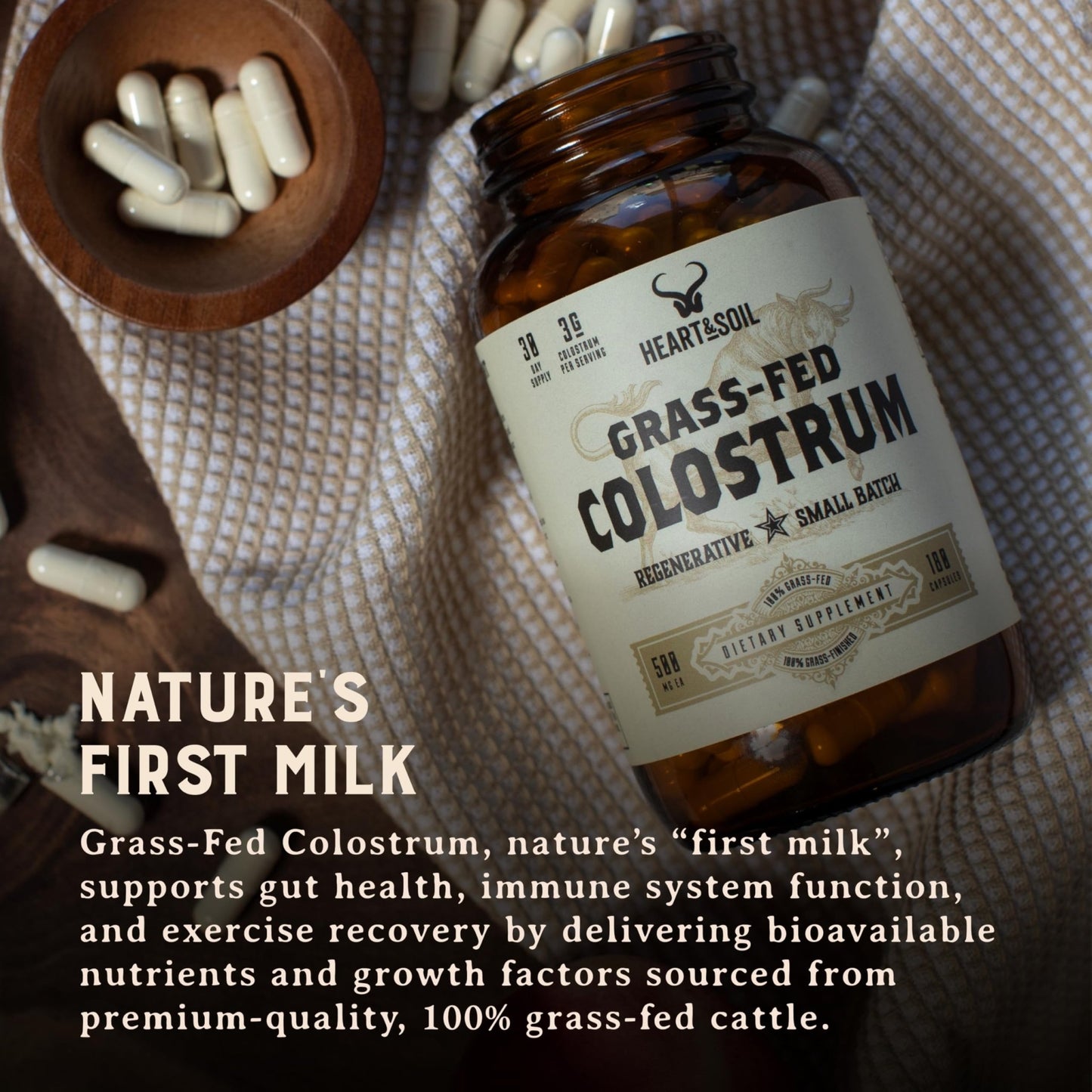 HEART & SOIL 100% Grass Fed & Finished Colostrum Supplement from Regenerative Cattle for Gut, Muscle & Immune Health – 3000mg Bovine Colostrum Capsules - Gut Health for Men & Women –180 Capsules - dailyvitalstore