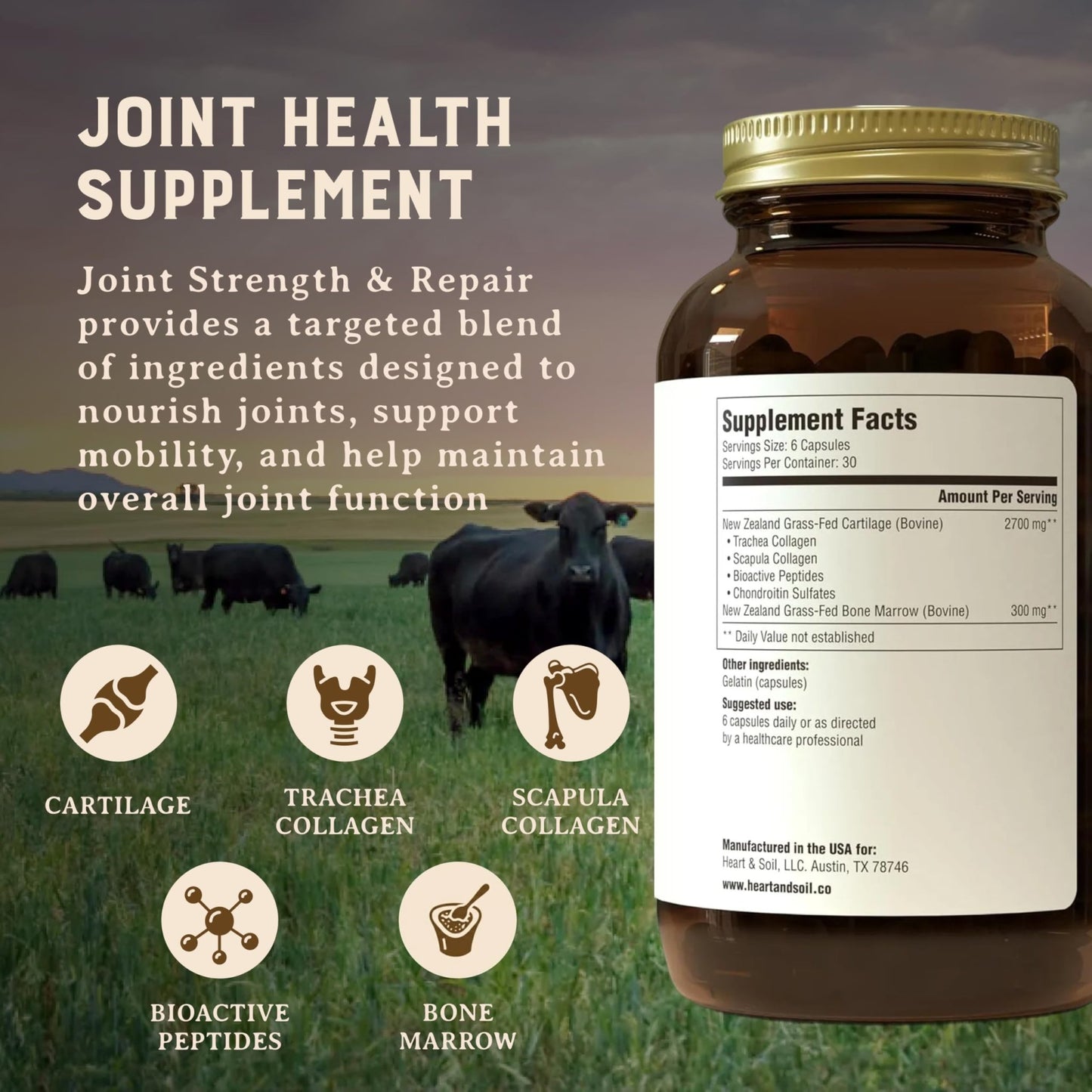 Heart & Soil 100% Grass Fed & Finished Joint Support Supplement from Regenerative Cattle with Trachea, Scapula & Bone Marrow – Supports Joint Strength & Mobility – 3000mg – Glass Bottle – 180 Capsules - dailyvitalstore