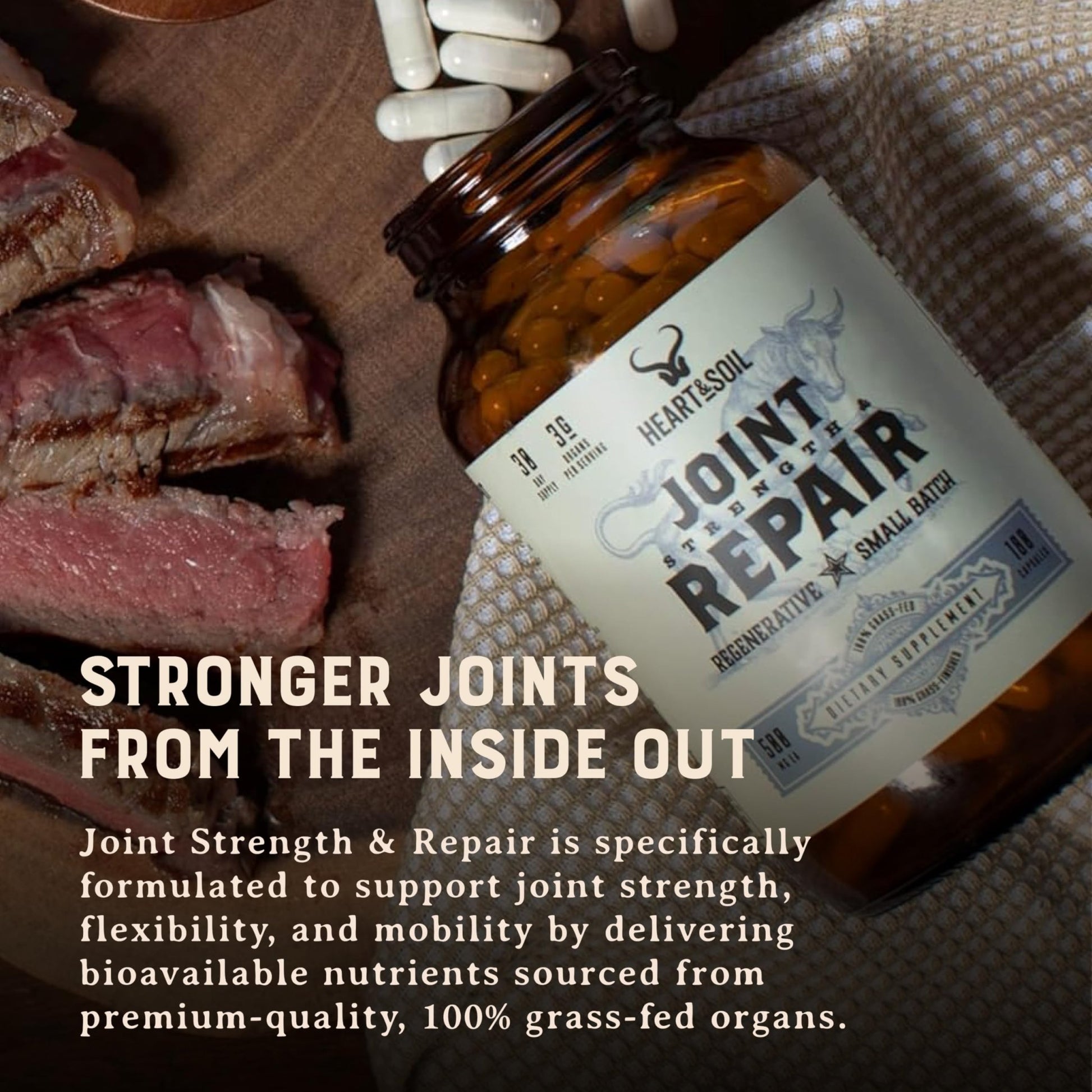 Heart & Soil 100% Grass Fed & Finished Joint Support Supplement from Regenerative Cattle with Trachea, Scapula & Bone Marrow – Supports Joint Strength & Mobility – 3000mg – Glass Bottle – 180 Capsules - dailyvitalstore