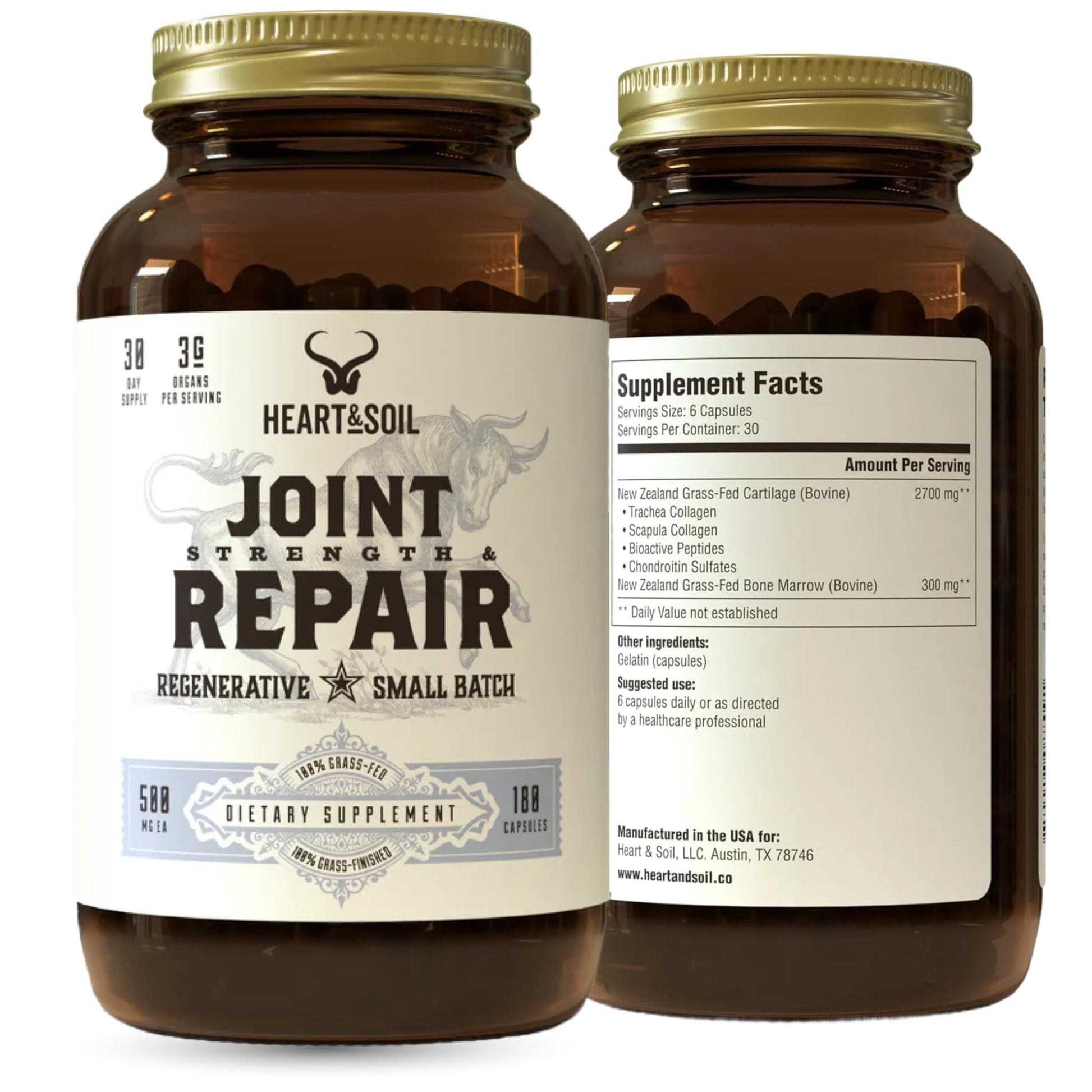 Heart & Soil 100% Grass Fed & Finished Joint Support Supplement from Regenerative Cattle with Trachea, Scapula & Bone Marrow – Supports Joint Strength & Mobility – 3000mg – Glass Bottle – 180 Capsules - dailyvitalstore