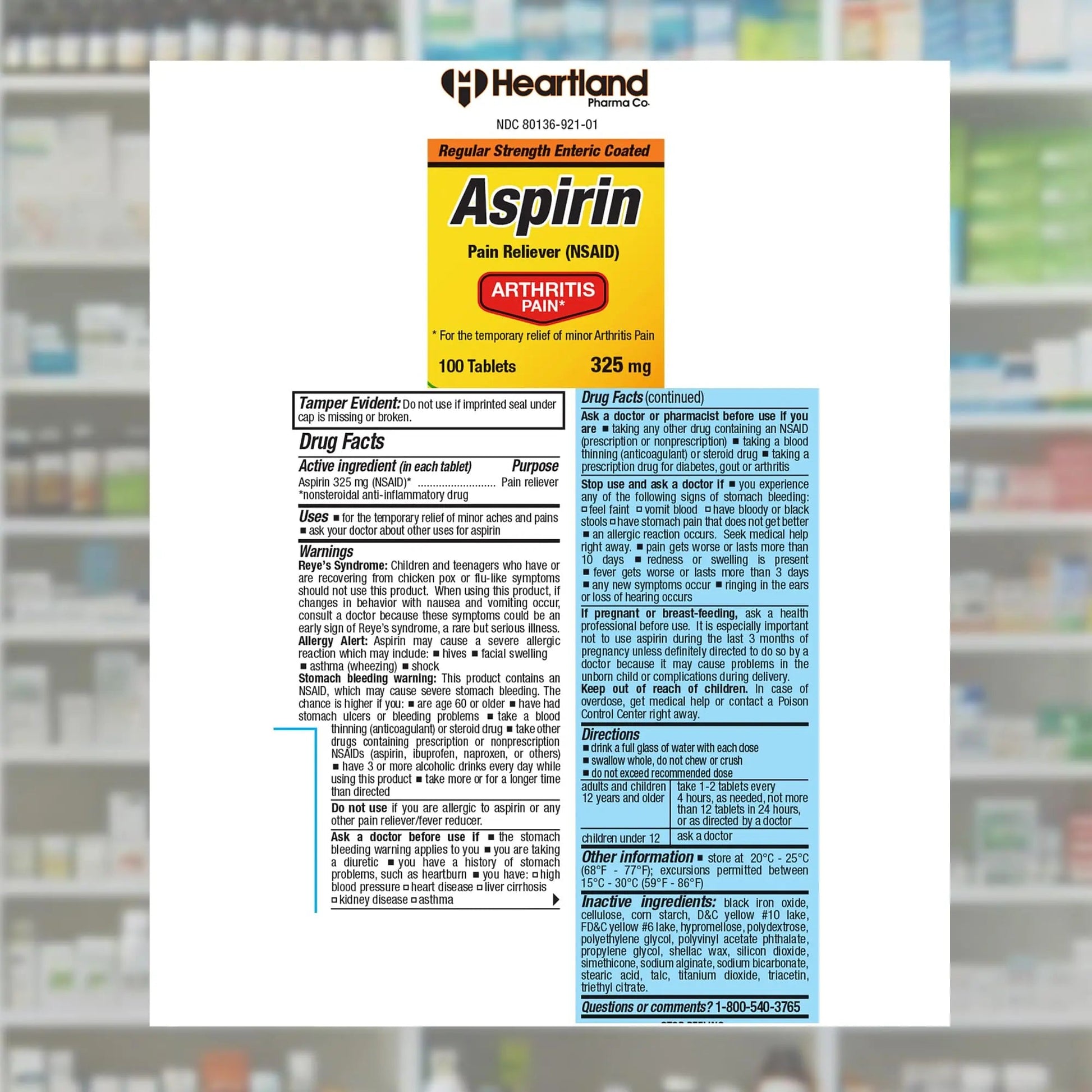 Heartland Pharma Aspirin 325mg Enteric Coated Tablets | Original Strength NSAID Pain Reliever & Fever Reducer | Joint Pain Relief for Arthritis | Child-Resistant Safety Cap | Made in USA | 100 Count - dailyvitalstore