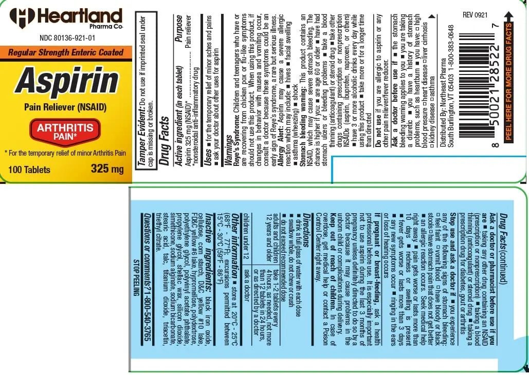 Heartland Pharma Aspirin 325mg Enteric Coated Tablets | Original Strength NSAID Pain Reliever & Fever Reducer | Joint Pain Relief for Arthritis | Child-Resistant Safety Cap | Made in USA | 100 Count - dailyvitalstore