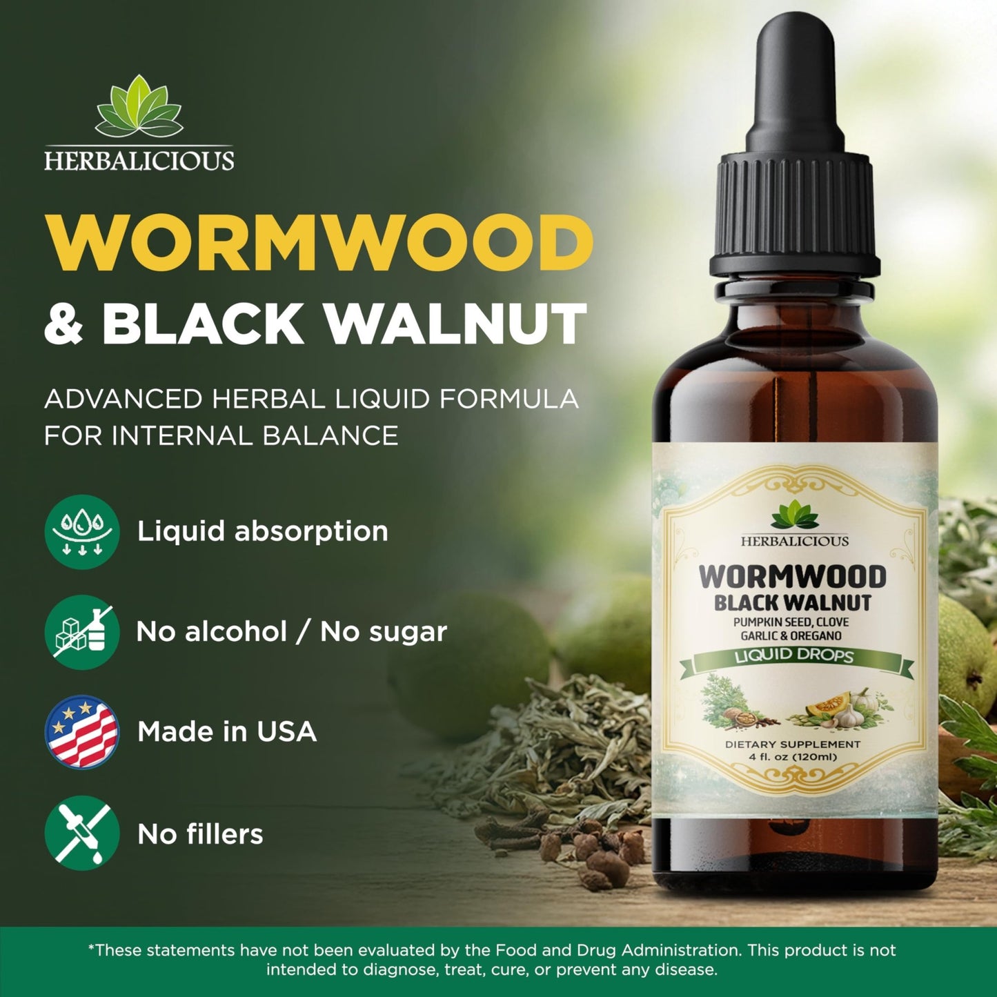 HEBRALICIOUS Wormwood Black Walnut Liquid Drops – Herbal Blend with Pumpkin Seed, Clove, Garlic & Oregano Oil – Alcohol Free Herbal Tincture – Liquid Dietary Supplement, 4 fl oz (120ml) - dailyvitalstore