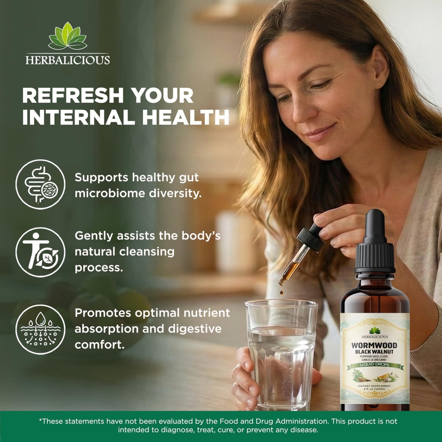 HEBRALICIOUS Wormwood Black Walnut Liquid Drops – Herbal Blend with Pumpkin Seed, Clove, Garlic & Oregano Oil – Alcohol Free Herbal Tincture – Liquid Dietary Supplement, 4 fl oz (120ml) - dailyvitalstore