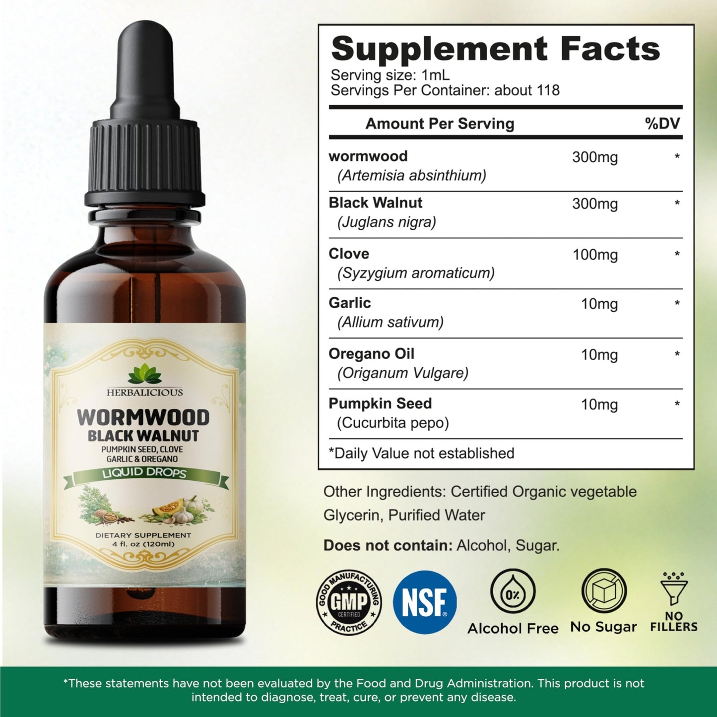HEBRALICIOUS Wormwood Black Walnut Liquid Drops – Herbal Blend with Pumpkin Seed, Clove, Garlic & Oregano Oil – Alcohol Free Herbal Tincture – Liquid Dietary Supplement, 4 fl oz (120ml) - dailyvitalstore