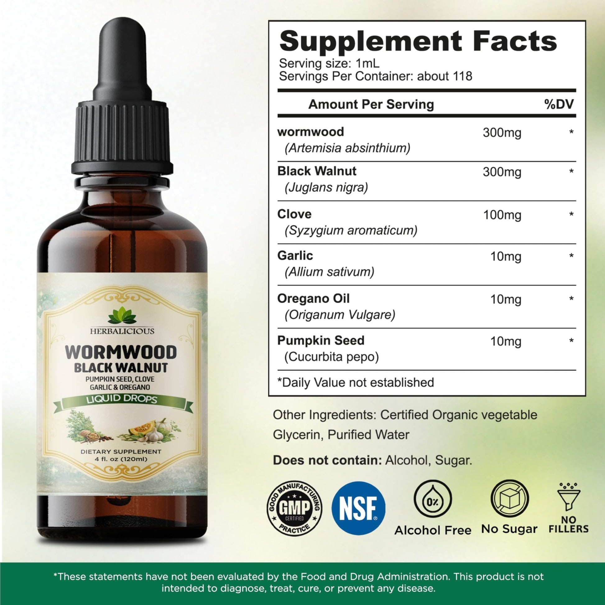 HEBRALICIOUS Wormwood Black Walnut Liquid Drops – Herbal Blend with Pumpkin Seed, Clove, Garlic & Oregano Oil – Alcohol Free Herbal Tincture – Liquid Dietary Supplement, 4 fl oz (120ml) - dailyvitalstore