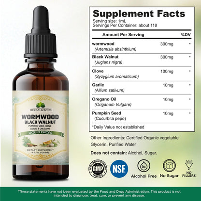 HEBRALICIOUS Wormwood Black Walnut Liquid Drops – Herbal Blend with Pumpkin Seed, Clove, Garlic & Oregano Oil – Alcohol Free Herbal Tincture – Liquid Dietary Supplement, 4 fl oz (120ml) - dailyvitalstore