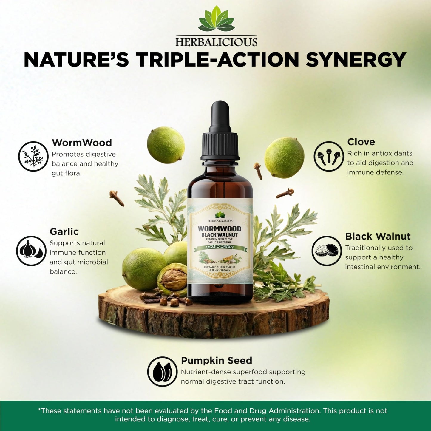 HEBRALICIOUS Wormwood Black Walnut Liquid Drops – Herbal Blend with Pumpkin Seed, Clove, Garlic & Oregano Oil – Alcohol Free Herbal Tincture – Liquid Dietary Supplement, 4 fl oz (120ml) - dailyvitalstore
