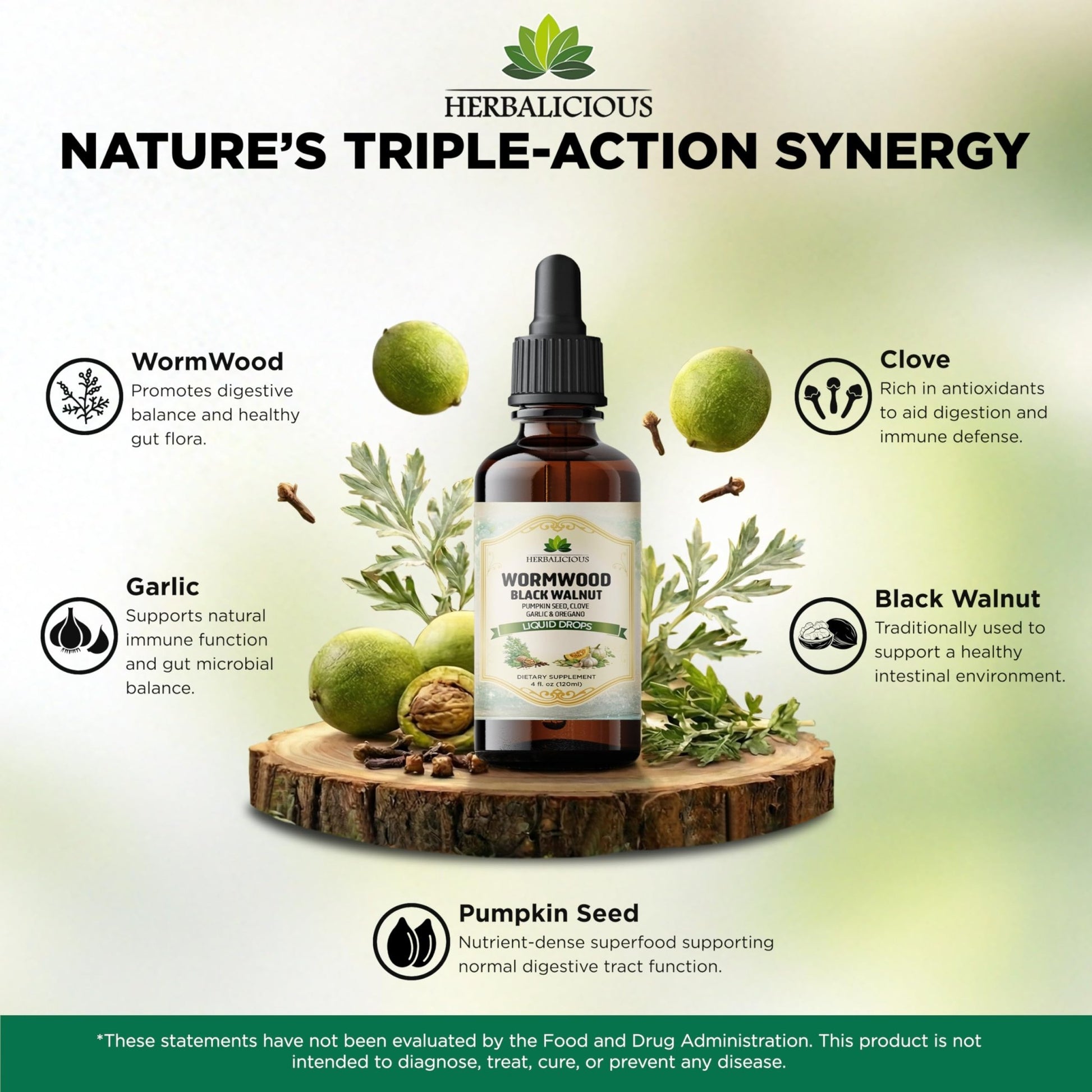 HEBRALICIOUS Wormwood Black Walnut Liquid Drops – Herbal Blend with Pumpkin Seed, Clove, Garlic & Oregano Oil – Alcohol Free Herbal Tincture – Liquid Dietary Supplement, 4 fl oz (120ml) - dailyvitalstore