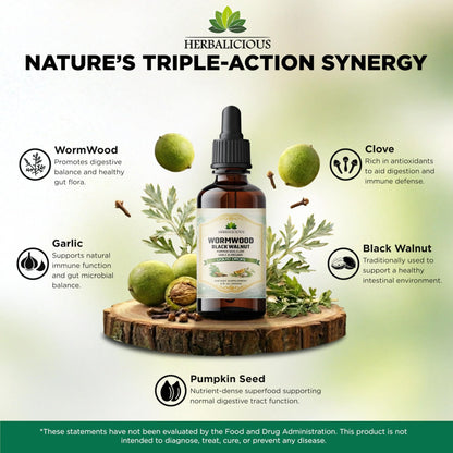 HEBRALICIOUS Wormwood Black Walnut Liquid Drops – Herbal Blend with Pumpkin Seed, Clove, Garlic & Oregano Oil – Alcohol Free Herbal Tincture – Liquid Dietary Supplement, 4 fl oz (120ml) - dailyvitalstore