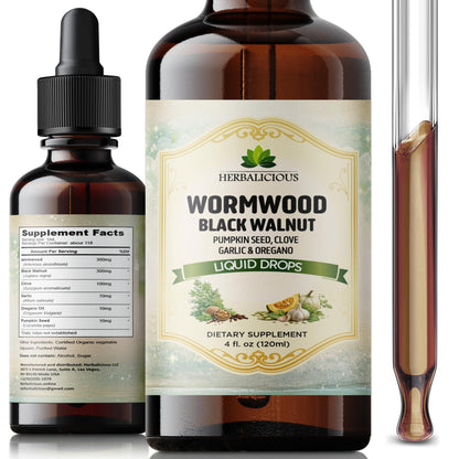 HEBRALICIOUS Wormwood Black Walnut Liquid Drops – Herbal Blend with Pumpkin Seed, Clove, Garlic & Oregano Oil – Alcohol Free Herbal Tincture – Liquid Dietary Supplement, 4 fl oz (120ml) - dailyvitalstore