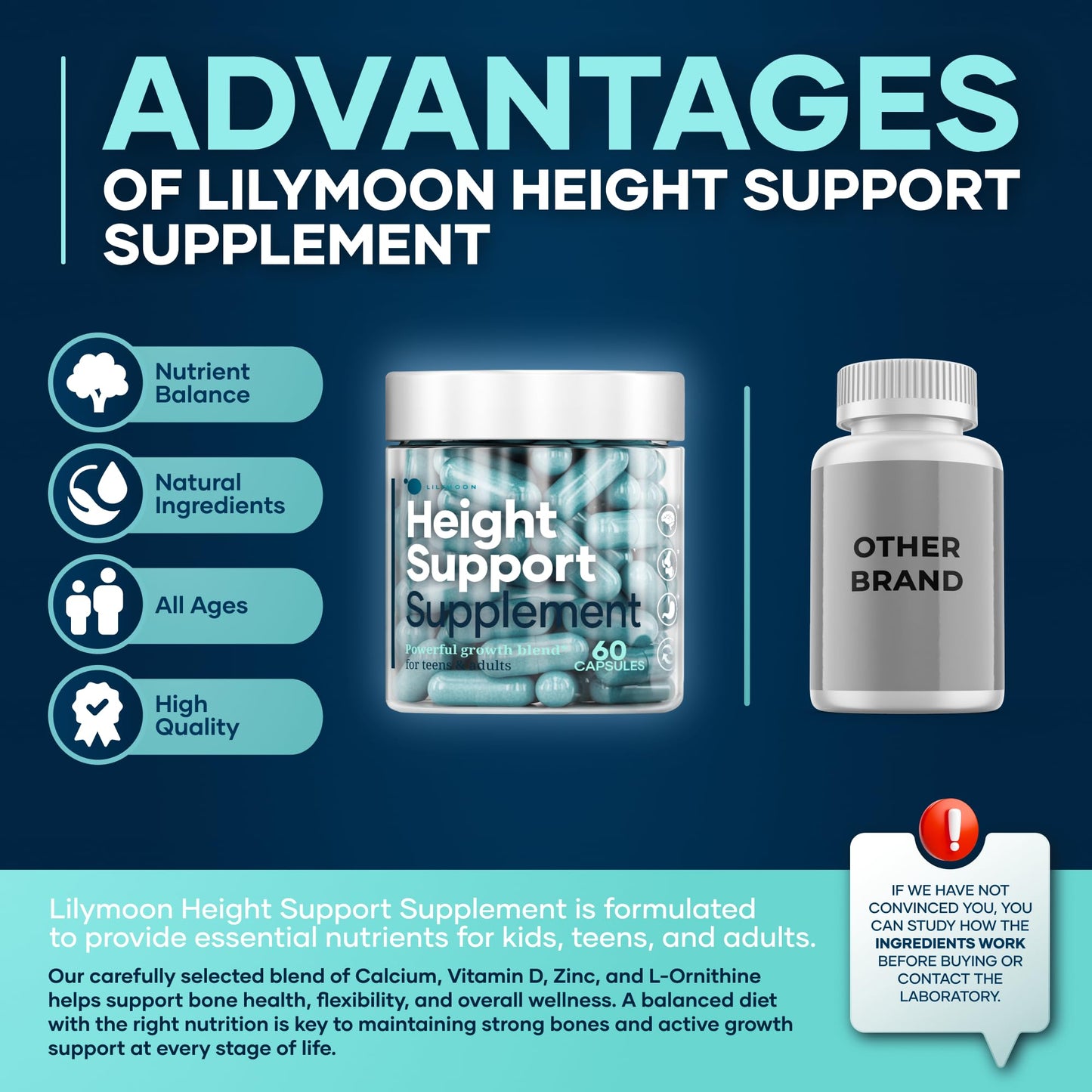Height & Bone Support Supplement - Premium Height Growth Supplement for Kids & Teens with Calcium - Nutritional Support Bone Health Formula - Height Increase Essential Vitamins - 60 Caps - dailyvitalstore