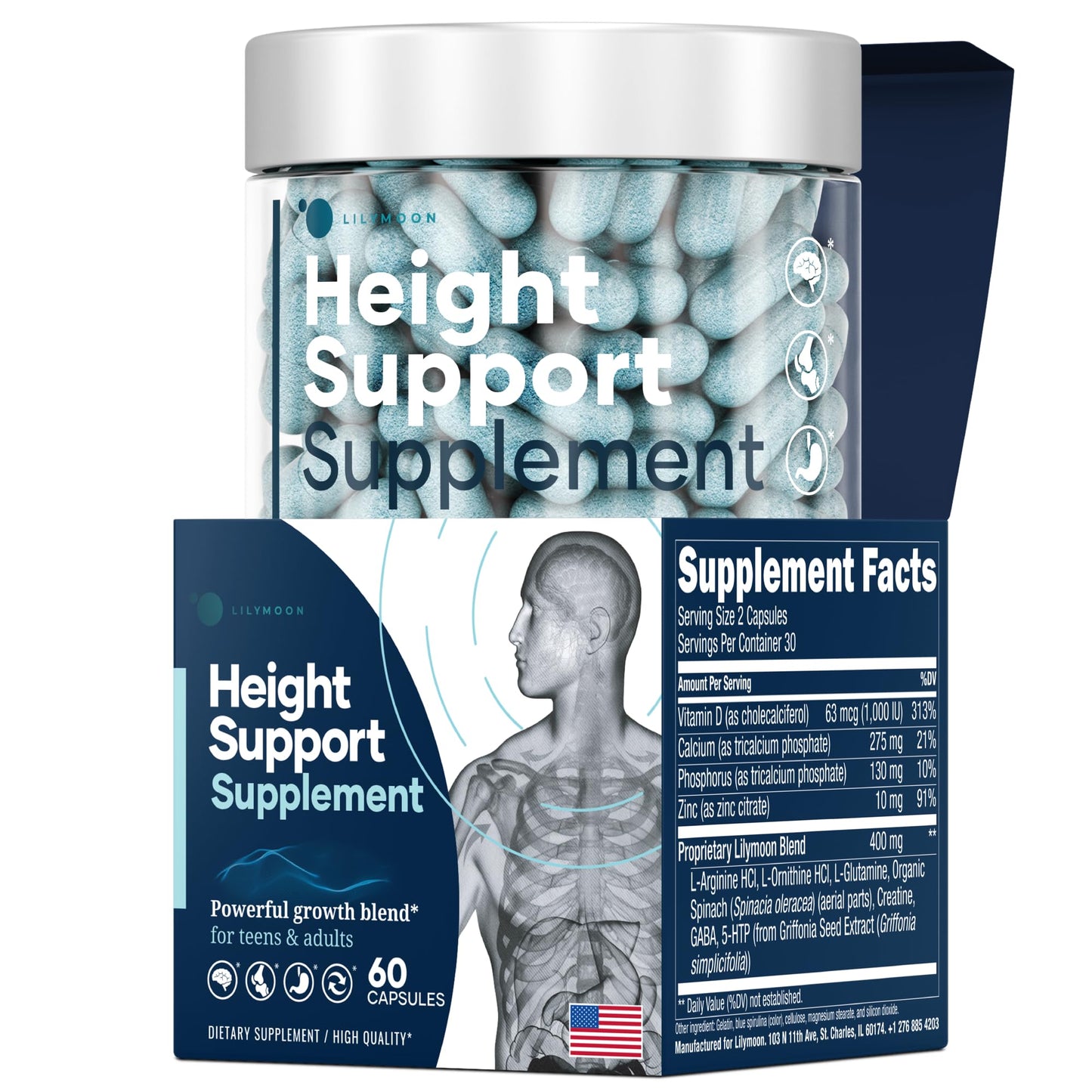 Height & Bone Support Supplement - Premium Height Growth Supplement for Kids & Teens with Calcium - Nutritional Support Bone Health Formula - Height Increase Essential Vitamins - 60 Caps - dailyvitalstore