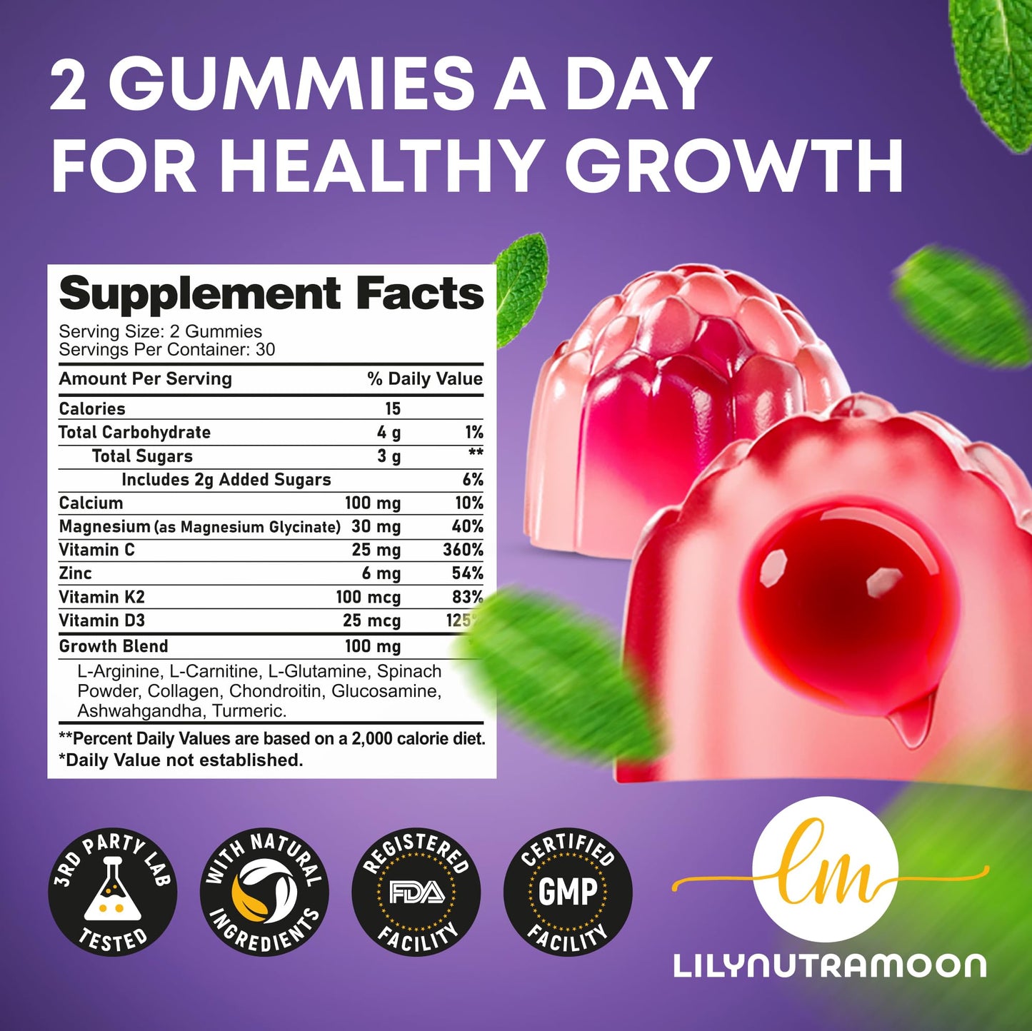 Height Growth Gummies for Kids & Teens - Calcium, Vitamin D3 + K2, Zinc, Magnesium, L-Arginine, Vitamin C - Multivitamin for Teen Boys & Girls - Grow Taller Supplement for Kids Height - 60 Gummies - dailyvitalstore