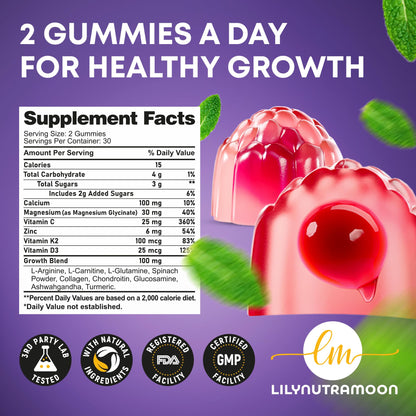 Height Growth Gummies for Kids & Teens - Calcium, Vitamin D3 + K2, Zinc, Magnesium, L-Arginine, Vitamin C - Multivitamin for Teen Boys & Girls - Grow Taller Supplement for Kids Height - 60 Gummies - dailyvitalstore