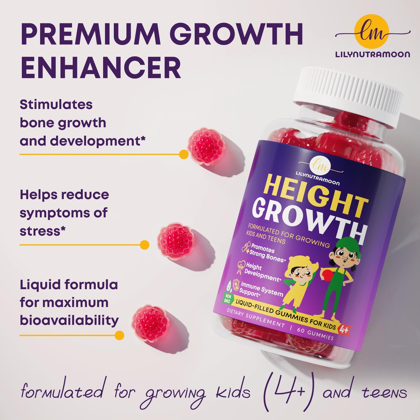 Height Growth Gummies for Kids & Teens - Calcium, Vitamin D3 + K2, Zinc, Magnesium, L-Arginine, Vitamin C - Multivitamin for Teen Boys & Girls - Grow Taller Supplement for Kids Height - 60 Gummies - dailyvitalstore