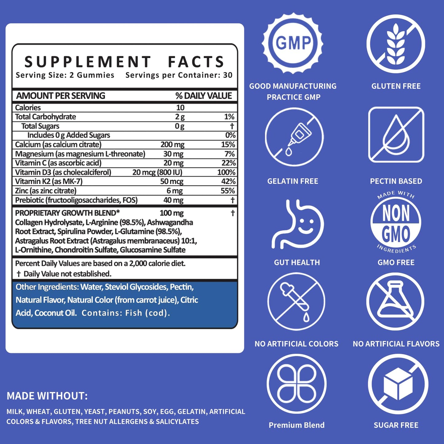 Height Growth Gummies for Kids & Teens – Sugar Free – Calcium, Prebiotic FOS, Magnesium, Vitamin D3, K2, Zinc, Ashwagandha – Bone Strength, Gut Health & Height Support Multivitamin – Strawberry Flavor - dailyvitalstore