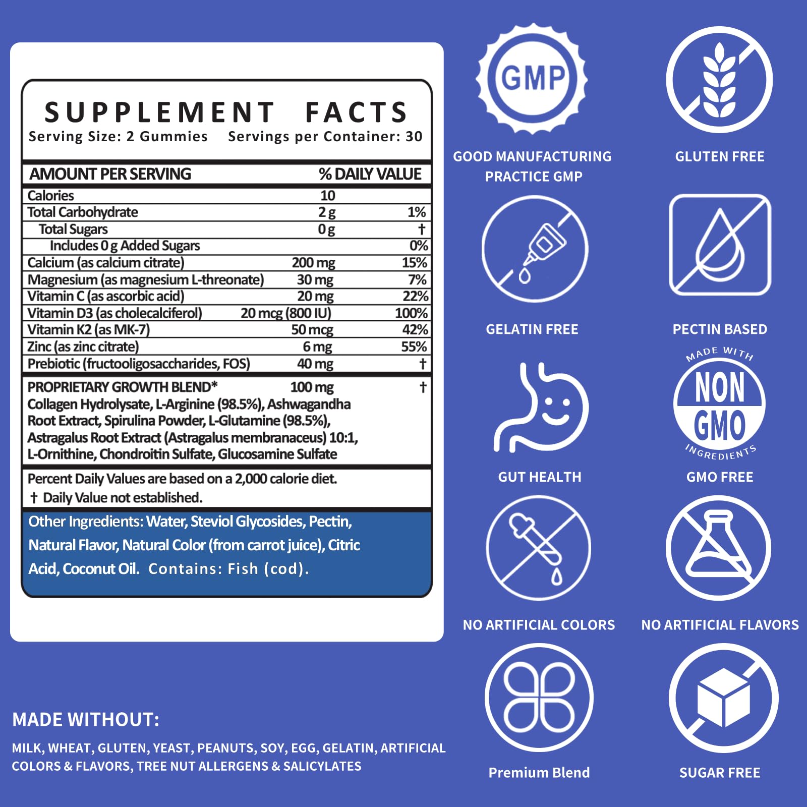 Height Growth Gummies for Kids & Teens – Sugar Free – Calcium, Prebiotic FOS, Magnesium, Vitamin D3, K2, Zinc, Ashwagandha – Bone Strength, Gut Health & Height Support Multivitamin – Strawberry Flavor - dailyvitalstore
