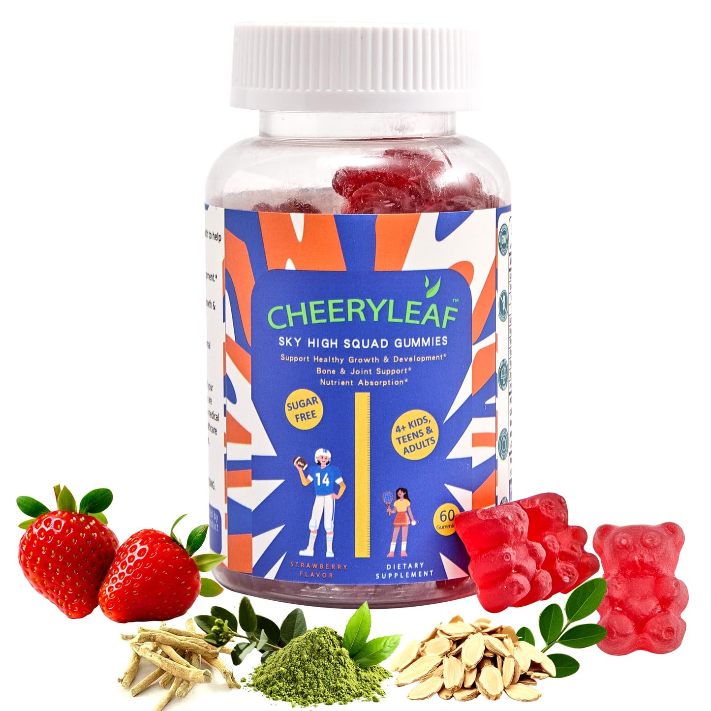 Height Growth Gummies for Kids & Teens – Sugar Free – Calcium, Prebiotic FOS, Magnesium, Vitamin D3, K2, Zinc, Ashwagandha – Bone Strength, Gut Health & Height Support Multivitamin – Strawberry Flavor - dailyvitalstore