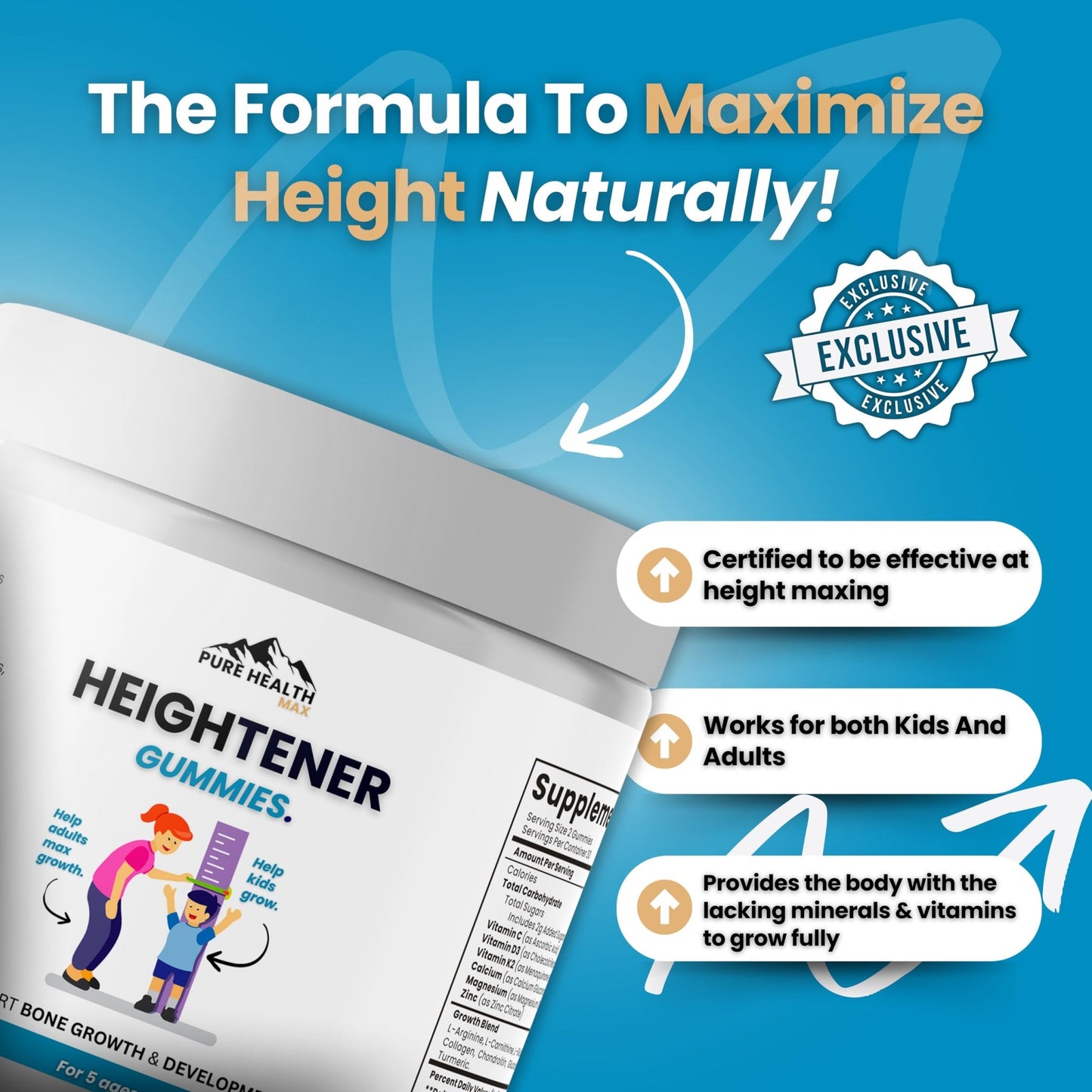 Heightener Gummies - Natural Height Growth Supplement for Kids, Teens and Adults to Increase Bone Strength and Grow Tall | Height Maximizer Pills with L-Arginine, Calcium & Zinc | 60 Gummy - dailyvitalstore