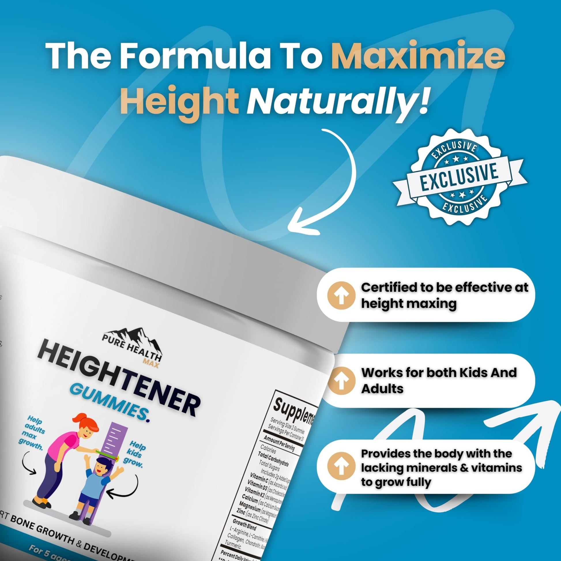 Heightener Gummies - Natural Height Growth Supplement for Kids, Teens and Adults to Increase Bone Strength and Grow Tall | Height Maximizer Pills with L-Arginine, Calcium & Zinc | 60 Gummy - dailyvitalstore