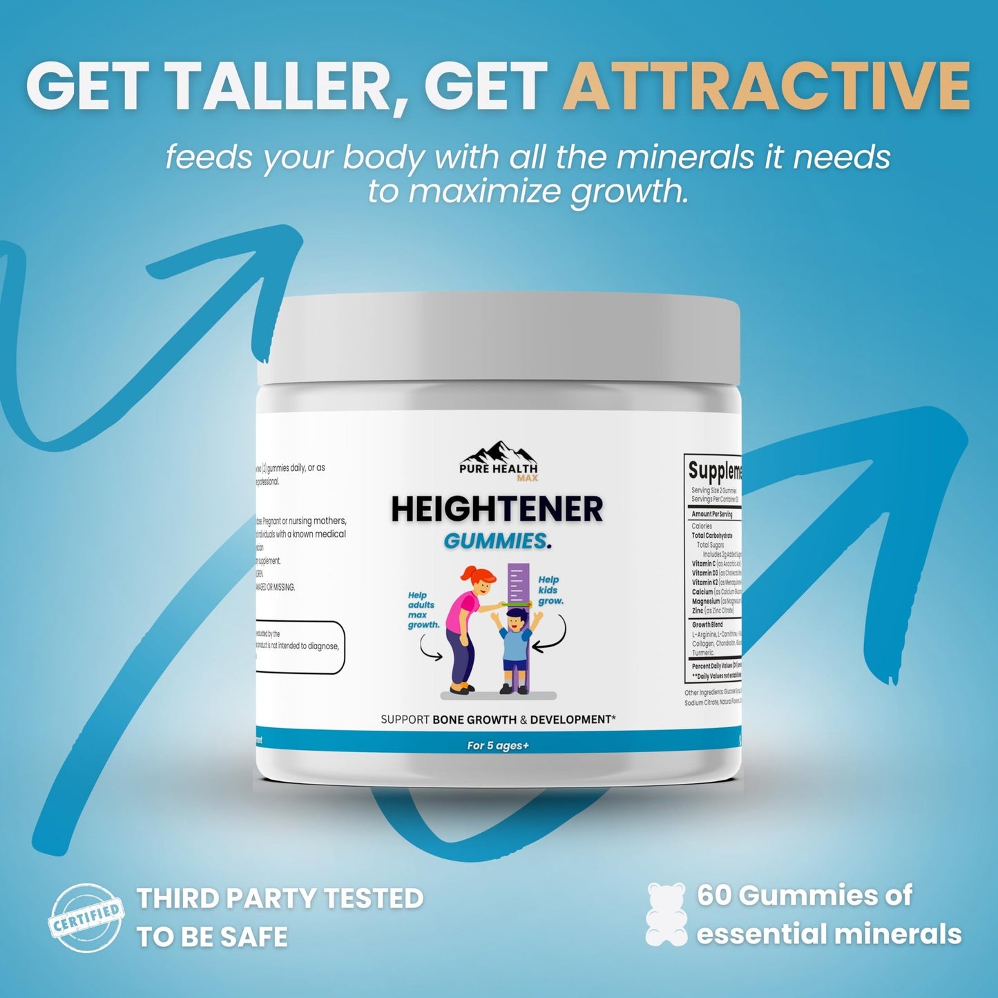 Heightener Gummies - Natural Height Growth Supplement for Kids, Teens and Adults to Increase Bone Strength and Grow Tall | Height Maximizer Pills with L-Arginine, Calcium & Zinc | 60 Gummy - dailyvitalstore