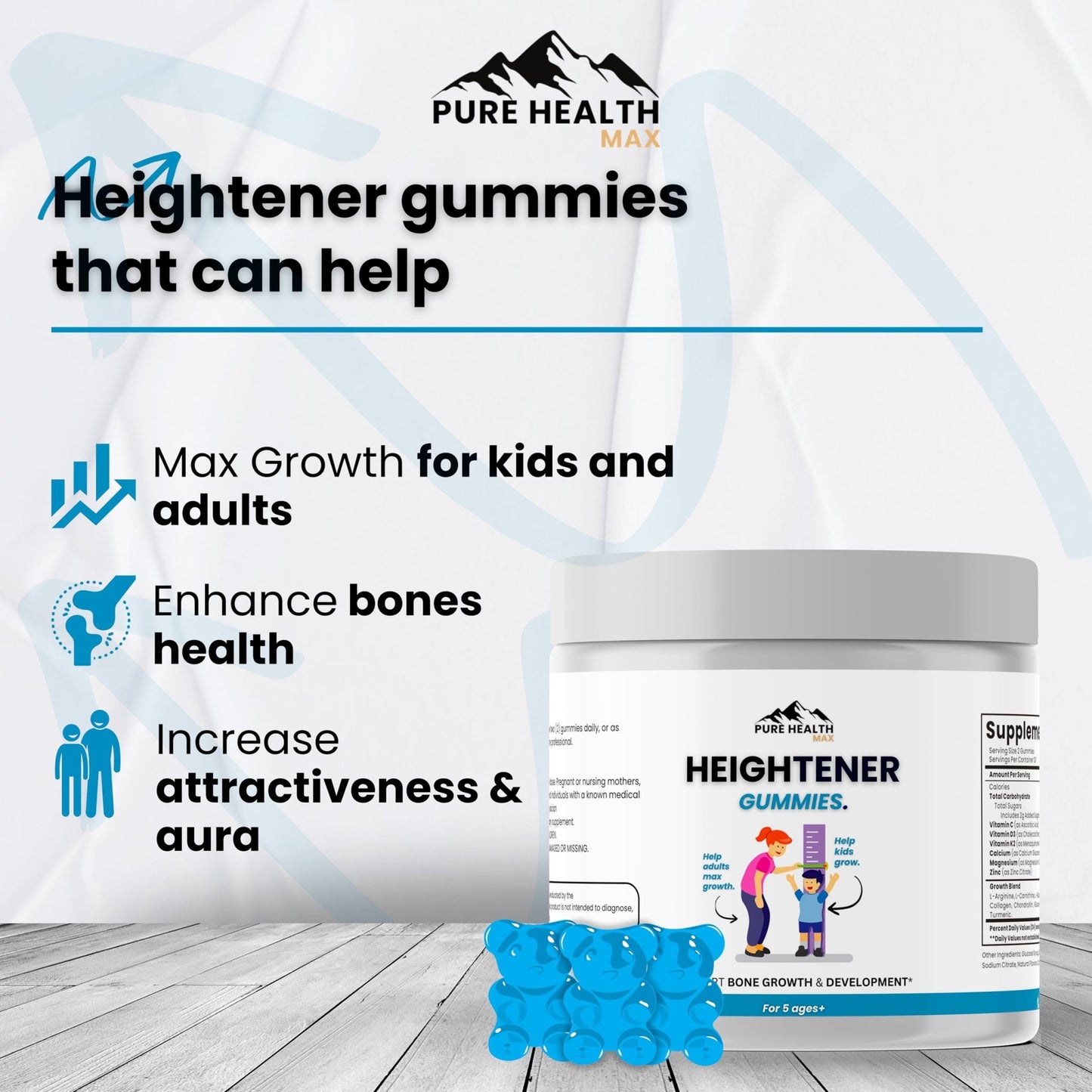 Heightener Gummies - Natural Height Growth Supplement for Kids, Teens and Adults to Increase Bone Strength and Grow Tall | Height Maximizer Pills with L-Arginine, Calcium & Zinc | 60 Gummy - dailyvitalstore