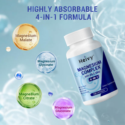 Heivy 4 in 1 Magnesium Complex with Zinc & Vitamin D3, 320mg Elemental Magnesium (Glycinate/Citrate/Gluconate/Malate), 120 Capsules (4 Months Supply), Vegan, Non-GMO, Gluten-Free, 3rd Party Tested - dailyvitalstore
