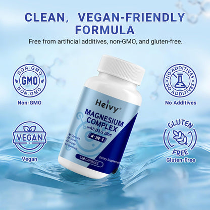 Heivy 4 in 1 Magnesium Complex with Zinc & Vitamin D3, 320mg Elemental Magnesium (Glycinate/Citrate/Gluconate/Malate), 120 Capsules (4 Months Supply), Vegan, Non-GMO, Gluten-Free, 3rd Party Tested - dailyvitalstore