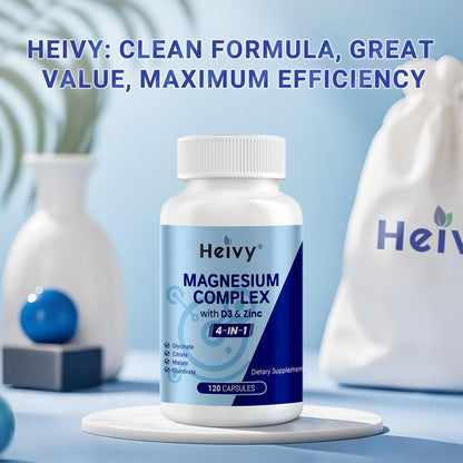 Heivy 4 in 1 Magnesium Complex with Zinc & Vitamin D3, 320mg Elemental Magnesium (Glycinate/Citrate/Gluconate/Malate), 120 Capsules (4 Months Supply), Vegan, Non-GMO, Gluten-Free, 3rd Party Tested - dailyvitalstore