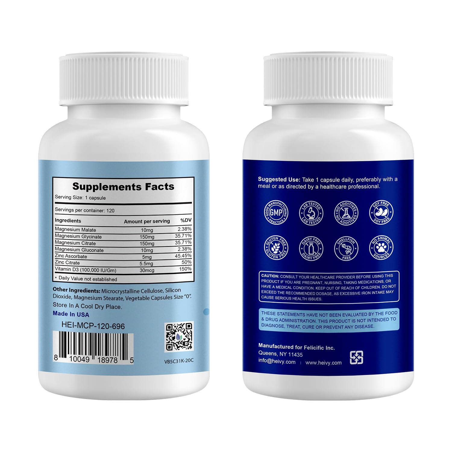 Heivy 4 in 1 Magnesium Complex with Zinc & Vitamin D3, 320mg Elemental Magnesium (Glycinate/Citrate/Gluconate/Malate), 120 Capsules (4 Months Supply), Vegan, Non-GMO, Gluten-Free, 3rd Party Tested - dailyvitalstore