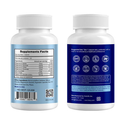 Heivy 4 in 1 Magnesium Complex with Zinc & Vitamin D3, 320mg Elemental Magnesium (Glycinate/Citrate/Gluconate/Malate), 120 Capsules (4 Months Supply), Vegan, Non-GMO, Gluten-Free, 3rd Party Tested - dailyvitalstore