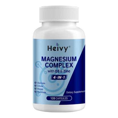 Heivy 4 in 1 Magnesium Complex with Zinc & Vitamin D3, 320mg Elemental Magnesium (Glycinate/Citrate/Gluconate/Malate), 120 Capsules (4 Months Supply), Vegan, Non-GMO, Gluten-Free, 3rd Party Tested - dailyvitalstore