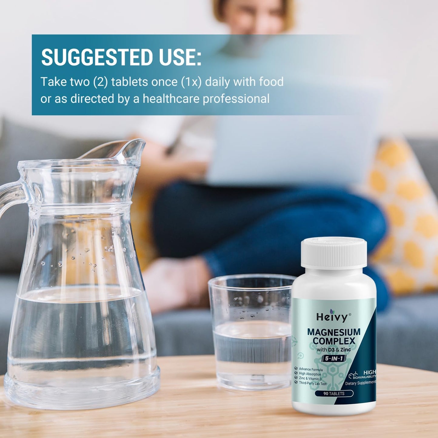 Heivy Magnesium Complex, Magnesium Glycinate, Citrate, Malate, Oxide, Gluconate with Zinc and Vitamin D3, Magnesium Supplement for Muscle, Nerve, Heart, Bone Support, High Absorption, 90 Tablets - dailyvitalstore