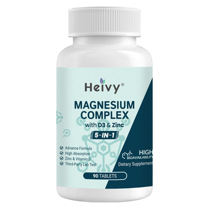 Heivy Magnesium Complex, Magnesium Glycinate, Citrate, Malate, Oxide, Gluconate with Zinc and Vitamin D3, Magnesium Supplement for Muscle, Nerve, Heart, Bone Support, High Absorption, 90 Tablets - dailyvitalstore
