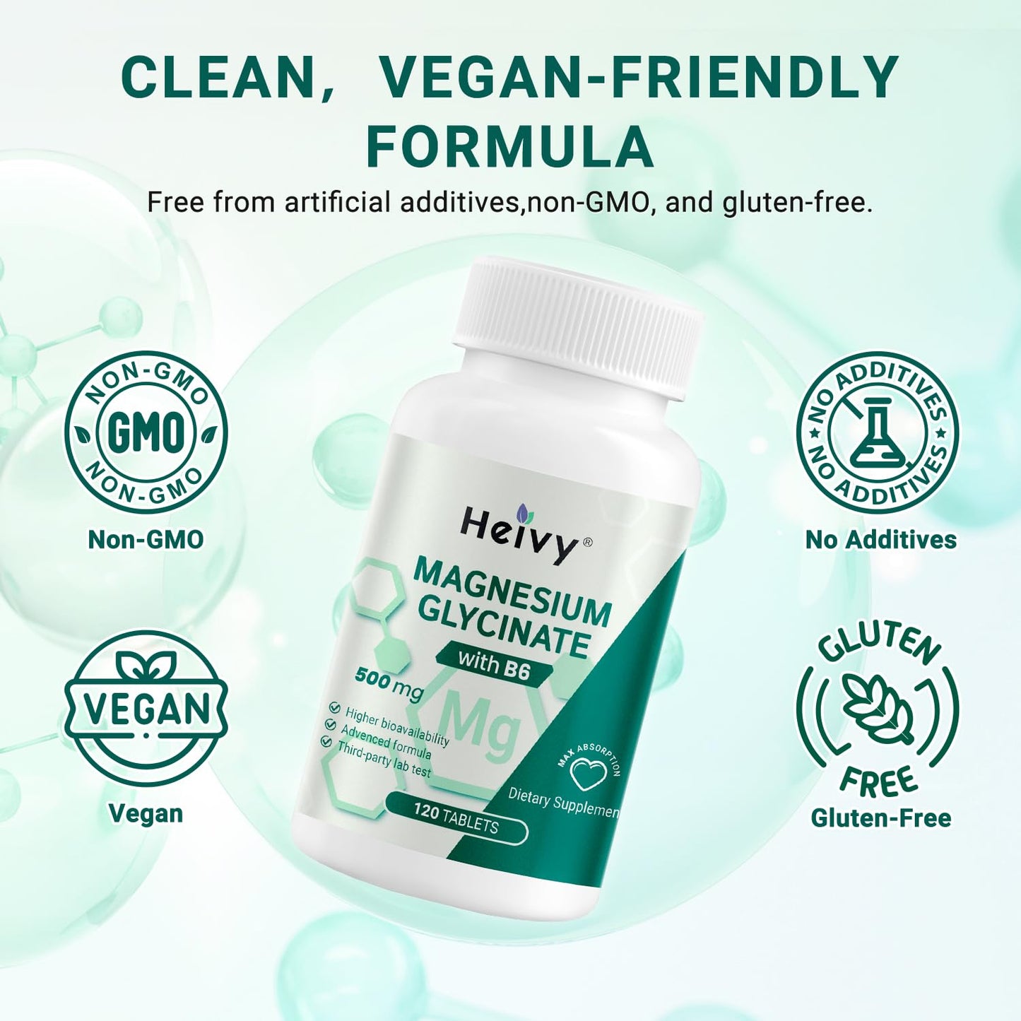 Heivy Pure Magnesium Glycinate 500mg with Vitamin B6, 100% Chelated & Purified Supports Nerve Relife, Sleep Aid & Muscle Support, Vegan & Non-GMO, Made in USA, 3rd Party Tested, 120 Tablets - dailyvitalstore