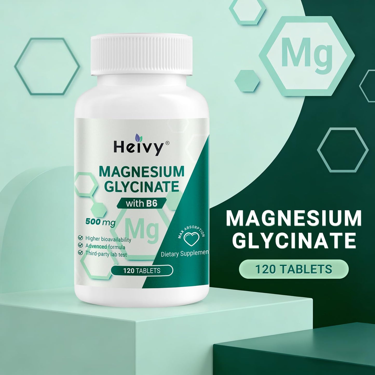 Heivy Pure Magnesium Glycinate 500mg with Vitamin B6, 100% Chelated & Purified Supports Nerve Relife, Sleep Aid & Muscle Support, Vegan & Non-GMO, Made in USA, 3rd Party Tested, 120 Tablets - dailyvitalstore