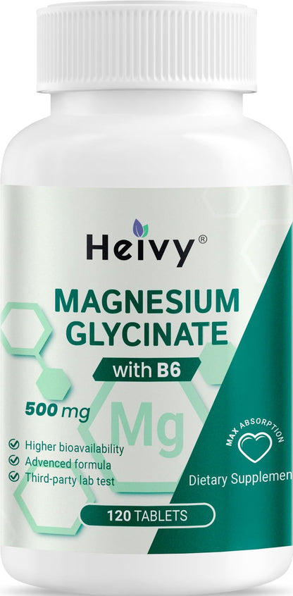 Heivy Pure Magnesium Glycinate 500mg with Vitamin B6, 100% Chelated & Purified Supports Nerve Relife, Sleep Aid & Muscle Support, Vegan & Non-GMO, Made in USA, 3rd Party Tested, 120 Tablets - dailyvitalstore