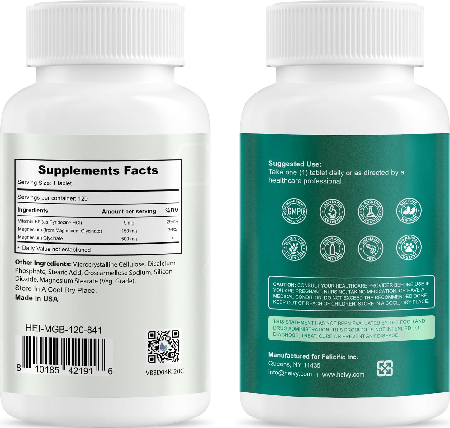 Heivy Pure Magnesium Glycinate 500mg with Vitamin B6, 100% Chelated & Purified Supports Nerve Relife, Sleep Aid & Muscle Support, Vegan & Non-GMO, Made in USA, 3rd Party Tested, 120 Tablets - dailyvitalstore