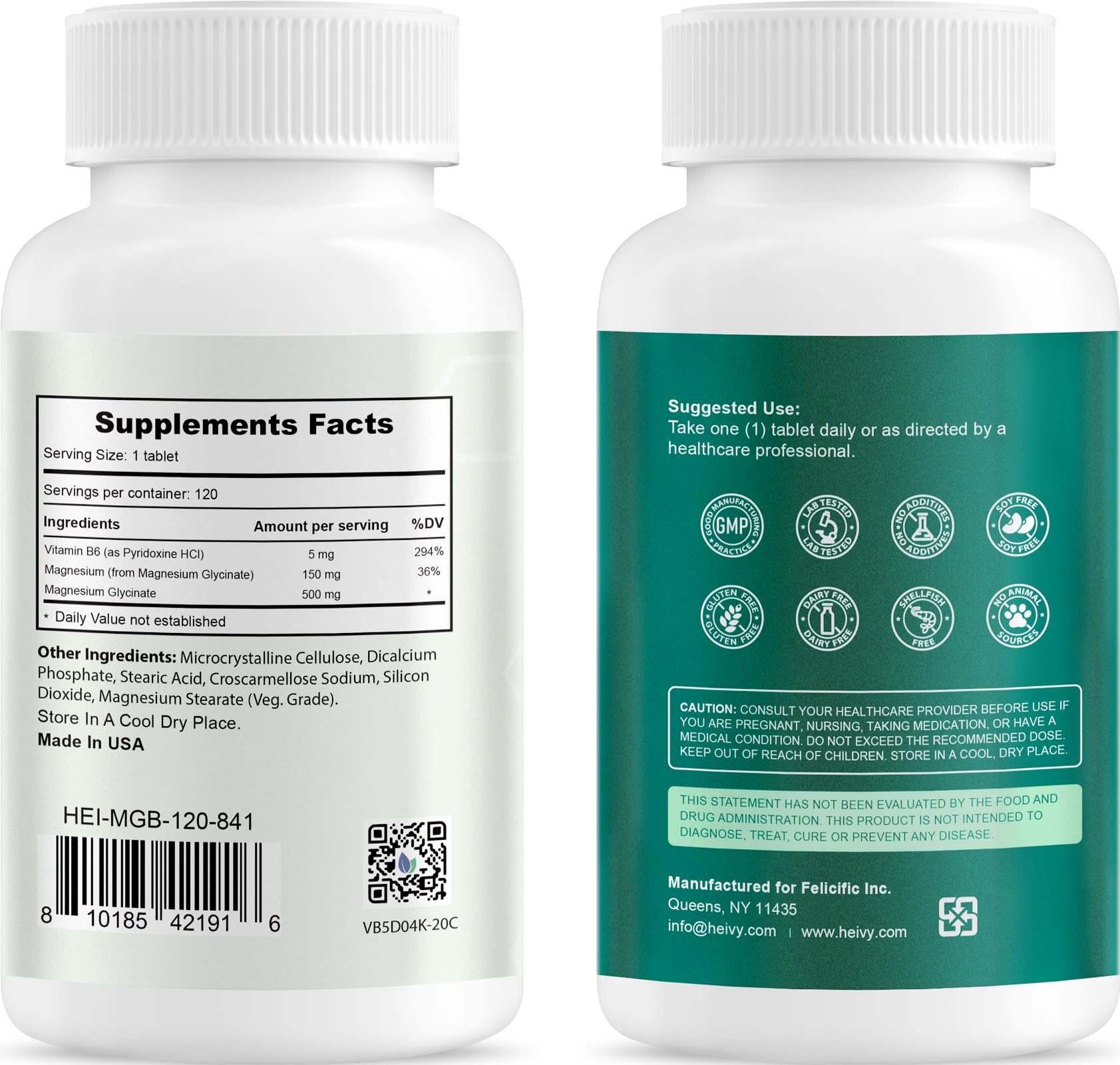 Heivy Pure Magnesium Glycinate 500mg with Vitamin B6, 100% Chelated & Purified Supports Nerve Relife, Sleep Aid & Muscle Support, Vegan & Non-GMO, Made in USA, 3rd Party Tested, 120 Tablets - dailyvitalstore