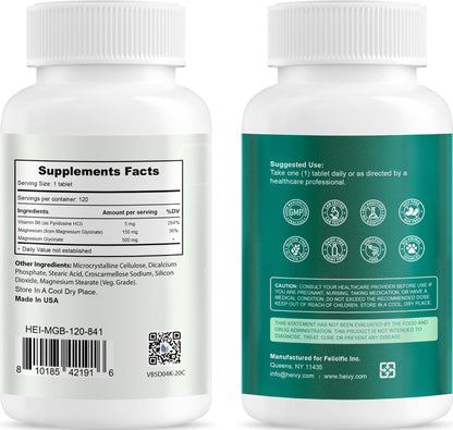 Heivy Pure Magnesium Glycinate 500mg with Vitamin B6, 100% Chelated & Purified Supports Nerve Relife, Sleep Aid & Muscle Support, Vegan & Non-GMO, Made in USA, 3rd Party Tested, 120 Tablets - dailyvitalstore