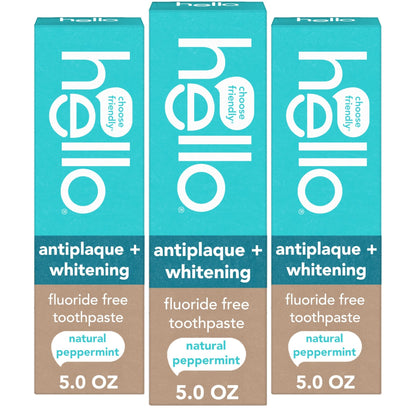 Hello Antiplaque and Whitening Fluoride Free Toothpaste, 5 Oz Tube, Whitening Toothpaste with Natural Peppermint Flavor and Tea Tree Oil, Crushes Tartar - dailyvitalstore
