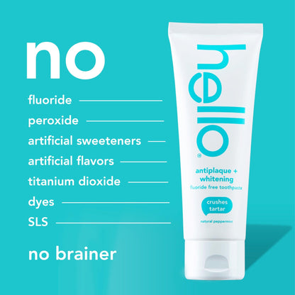 Hello Antiplaque and Whitening Fluoride Free Toothpaste, 5 Oz Tube, Whitening Toothpaste with Natural Peppermint Flavor and Tea Tree Oil, Crushes Tartar - dailyvitalstore